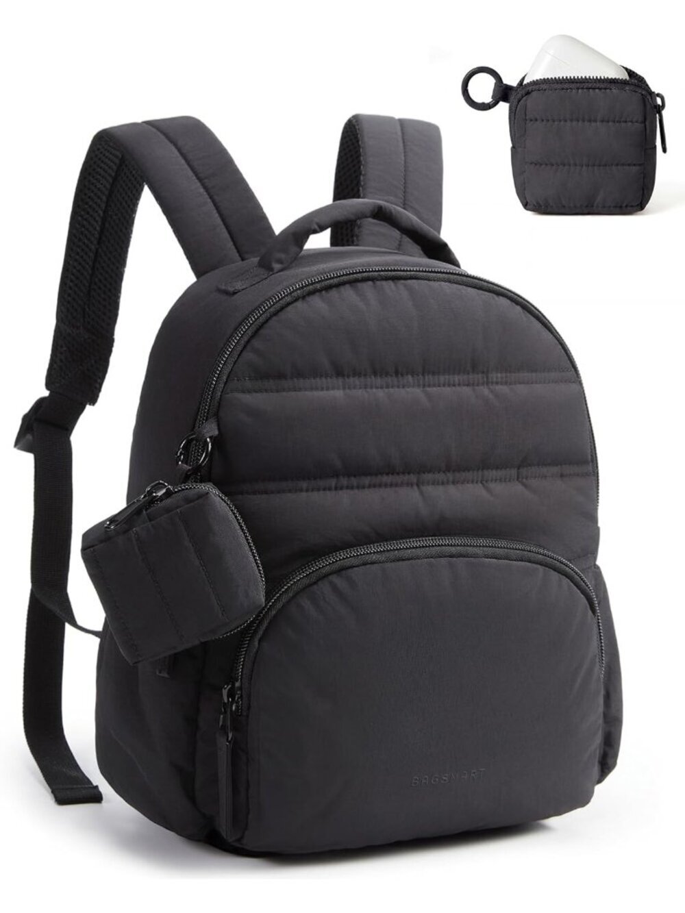 Women's Jet Black Lightweight Quilted Casual Travel Mini Backpack 2-in-1 Set Bag